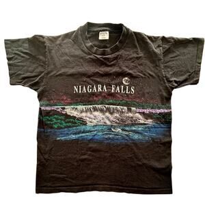 Vtg 90s Niagara Falls all over graphic Blk Tshirt Sansegal sz L travel outdoors